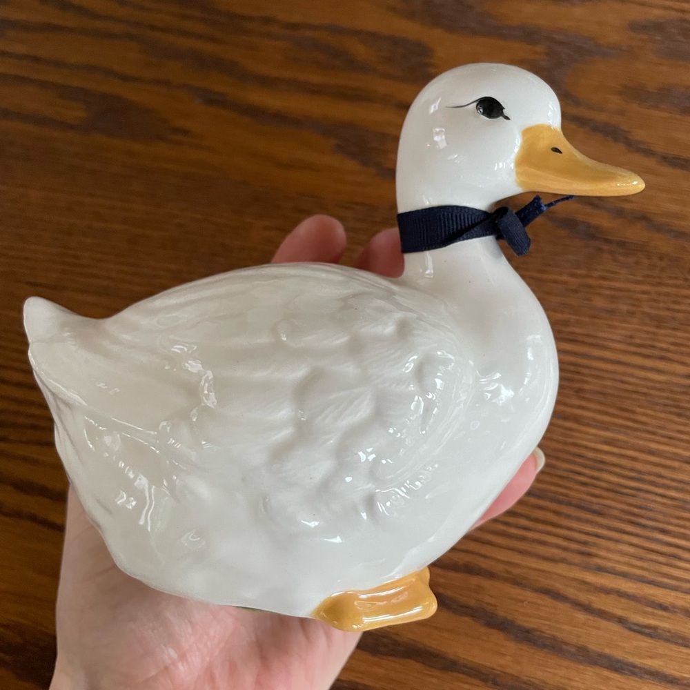 White Ceramic Duck Figurine with Navy Ribbon